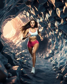 make a picture pretty cave made of crystal and metallic 3d fractal recursive cubic and sphere base structures and a beautiful fashion model lady with cute,curvy long hair,makeup, in pretty sports suit is running inside cave ,dynamic camera fallow her inside cave capturing full body, dynamic lights.