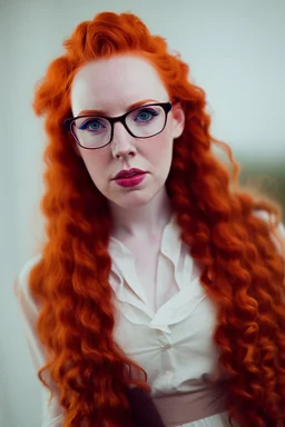 simone simons, curly, redhead, glasses on, beauty dress