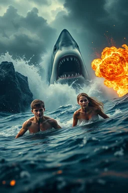 18-year-old Scott Kendall and 15-year-old Judi Ott emerging from a tumultuous sea amidst a stormy backdrop, with a great white shark looming about to attack, a conflagration of fire and explosive effects, ambient lighting, professional composition, infused with a mix of elegance and futuristic aesthetics, ultra-realistic, mystical undertones, sharp focus capturing every water droplet and flame, rational placement of subjects within a cinematic frame, epic atmosphere,