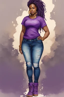 Create a watercolor image of a curvy black female wearing tight cut up jeans and a purple tshirt with timberland boots. Prominent make up with hazel eyes. Highly detail dread locs