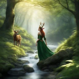 She is an Elf, her ethereal beauty matched only by her mastery of ancient magic. Like a whisper of wind through the trees, she moves through the forest with the agility of a deer, her steps leaving barely a trace on the forest floor. The shimmering leaves above seem to part in reverence as she passes. Crouching down by the riverbank, the Elf dips her slender fingers into the cool, clear water. Ripples spread outwards, reflecting the dappled sunlight filtering through the canopy above. With eyes