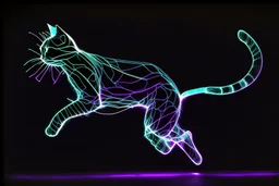 black background, outlines of a full-figure jumping holographic cat, drawn from thin neon-coloured glowing lines