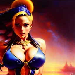 Drawing of beautiful face,busty Cammy-Street fighter,intense stare,Minimal ancient armor, balanciaga fashion clothe painting by gaston bussiere, greg rutkowski, yoji shinkawa, yoshitaka amano, tsutomu nihei, donato giancola, tim hildebrandt, oil on canvas, cinematic composition, extreme detail,fit full head inside picture,16k