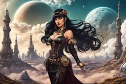 exotic sci-fi steampunk pin-up girl, with long dark hair with bangs, on an alien planet with cloud trees, tall spires, buildings, bridges, arches, photorealistic