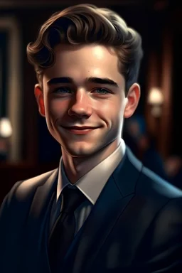 Young handsome man, short hair, elegant, too beautiful, attorney, highly detailed deep colors highly realistic, ruddy skin, beautiful, full lips, a minuscule amount of clothing, smiling, feeling of lightness and joy, hyper-realism, skin very elaborated, direct gaze,