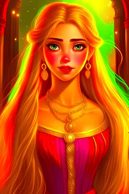 Disney rapunzel, 20 year old pretty woman, green eyes. Long thick golden hair braid touching the ground. Gold neck gold choker. Color Red tight blouse with long tight sleeves and neckline that stops just below her neck, Blouse top neckline has an amber round jewel in the middle of it, with 2 gold chains flowing from the jewel left and right to her belt. Belt is gold and thick. Dark brown skirt ends just above her knees. Brown suede boots