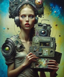 happy beautiful girl holding big proffesional camera in studio. street art, oil on canvas, spray paint, collage, letters, newspapeers, Dave McKean, Vladimir Fedotko, Saturno Butto, Vaughn Bodé, Frank Wu, James C. Christensen, collage, dirty, paint dripping, radiant