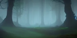 Dense forest with glowing alien plants, night time, fantasy