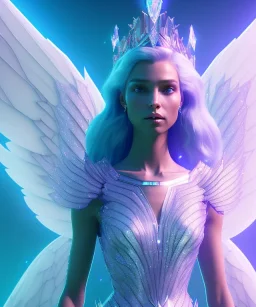 A crystalised queen, atmospheric, realistic, unreal engine, cinematic lighting, octane render. blue, pink, transparency, light, shine,bright, full body, transparent wings, blonde, long hair, nice smile