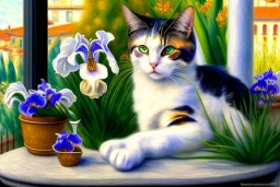 Zwei Katzen auf der Terrasse. Auguste Renoir, paws, very perfect iris, playing music, realistic, extremely accurate, delicate, extremely detailed, Graphic novel style, wide-angle, open aperture, superfine pencil