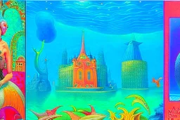 Mermaids in an underwater city by "Leonora Carrington" and "Max Ernst" and "Michelangelo"