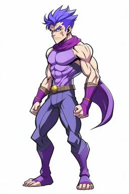 Anime man side character with magnetic abilities, too small muscles, aged 23, purple hair , wearing a purple superhero suit