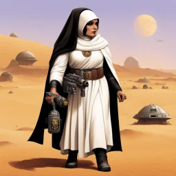 Princess Leia as a tattooed gangsta nun in her iconic Tatooine outfit, her Jawa friend is on her side, they are fierce and ready to fight