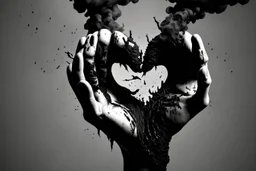 A black hand made out of black smoke violently crushing a human heart