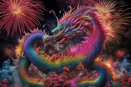 firework blooms shaped like a Japanese Dragon, Fireworks Magic, Celebration Night, Epic Composition, Photorealistic, by Joel-Peter Witkin, Beautiful, astral mastery, dazzling rainbow spray of colors, Hyperdetailed, Ultra HD Digital Art, BLacklight Sense, Magic Realis