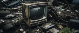 a creepy, broken television sitting in a pile of shit