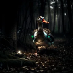 horror goose in forest with flashlight