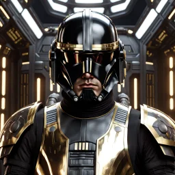 star wars bald male corellian pilot wearing pearlescent black and gunmetal grey First Order special forces heavy assault armor and helmet with gold trim inside the jedi temple, centered portrait, hyperdetailed, dynamic lighting, hyperdetailed background, 8k resolution, volumetric lighting, light skin, fully symmetric details