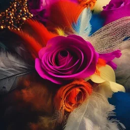 delicate bouquet of lace pearls and feathers, chiaroscuro, vivid colors, festive colors, dramatic lighting, beautiful composition, aesthetic layout