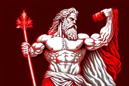 Detailed and realistic illustration of Greek god Zeus holding a red bold in het left hand and white bold in right hand. Detailed, Strong, Powerful.