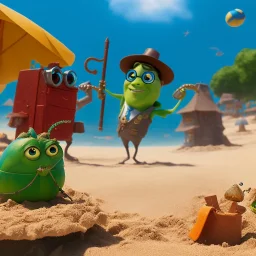 The hangman and the locust on the beach happily making sandcastles in the sun, art by Pixar and Dreamworks