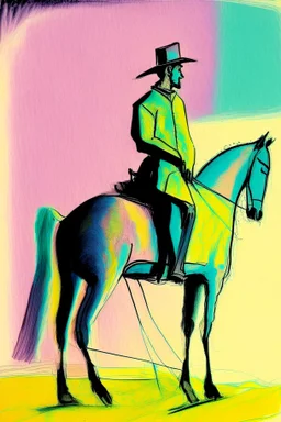 Man on horseback in the style of Paul Klee, Degas, pastel chalk with thin sketchy lines, vibrant colours, ink transfer