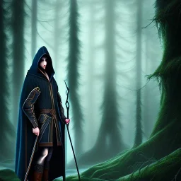 Male, Dark hair, Digital Art, Bow in hand, Hooded Cloak, Dark Forrest background