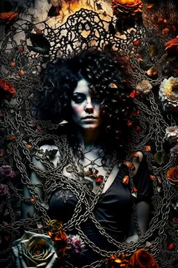 abstract creation of a beautiful woman with black curly hair, surrounded by black roses, thick metal chain broken, glass petals on the ground, autumn colours,dried out thorn bush, chaos,