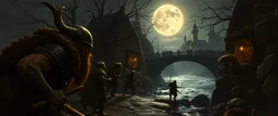 fantasy art, style of Rembrandt, potrait photo of Orc raiders near the Moonbridge: A horn sounds from the Rauvin River's edge. A small warband of orcs, having bypassed the outer patrols, is spotted trying to sneak into the city. City guards rush to respond. interesting camera angle