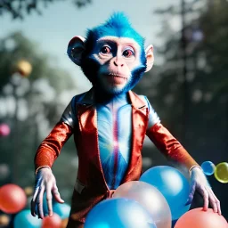 Ultra realistic circus scene. Blue Monkey man, waist up view, Wes Anderson style, happy, bubbles, party, confeti, highly detailed, concept art, unreal engine 5, god rays, ray tracing, RTX, lumen lighting, ultra detail, volumetric lighting, 3d, finely drawn, high definition, high resolution.