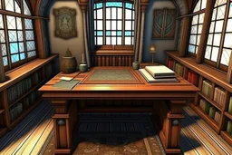 Fantasy medieval study room with desk front view