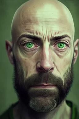 Portrait of a bald man, unkempt beard, dark circles, green eyes, distracted and nervous look