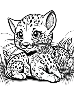 create a 2d black outline, "safari smiling cartoon baby gepard coloring book for toddlers", coloring page, low details design, black contour, coloring page design, simple background, colorful , card style, coloring page for kids, white background, sketch style, safari landscape, cartoon style