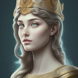 Oliver Barrett art style Portrait of Greek Mythology Goddess Athena " with white elegant old greek apparel and Laurel crown.extremely detailed face, ,perfectly centered image,intricate detail.dark hair, sharp dark eyes, bright blue lighting, sarcastic smile, sharp focus hair.