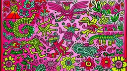 A pink kingdom with fairies designed in Kuna Molas painted by Keith Haring