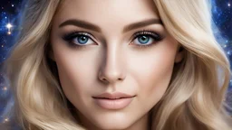 beautiful woman face, portrait , where the iris of the eyes are the gateway to the cosmos, happy and smilling, the pupil containing the stars, blond straight long hair, intricate, unreal, cosmic, harmonious, Canon 50:25