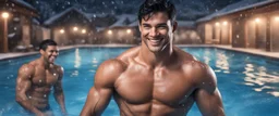 hyper realistic shirtless muscular extremely handsome short black hair men smiling in a swimming pool at snowfall night