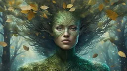 tree woman, leaves, digital painting, glitter, clear lines, detail, fine rendering, high resolution, 4K, photorealism, sharp focus, double exposure, fantasy,