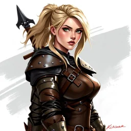 an attractive blonde warrior woman, leather armour, digital art, stylised
