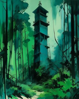 A bluish green tower in a toxic jungle painted by Lyonel Charles Feininger