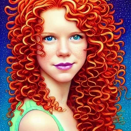 teen Robyn Lively, her striking perfectly detailed clear eyes, her perfect, precisely detailed lightly freckled face, meticulously detailed long curly multi-hued ginger carrot cherry fire red hair, luminous colorful sparkles; by james r. eads, gawki, rajewel, tania rivilis, dan mumford, lisa frank, artgerm, greg rutkowski, alphonse mucha and william-adolphe bouguereau; glitter, airbrush, octane render, volumetric lighting, 16k, photorealistic digital painting, artstation, smooth, sharp focus