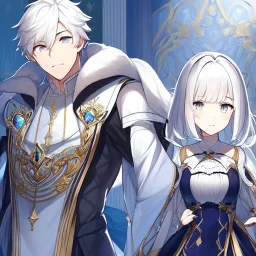 Twins, boy and girl, white hair, silver eyes, royal hall background