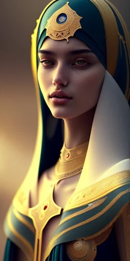 Arab young woman ,Arabic features، cute, beautiful, long hair, wavy hair, black eyes,A tuft of hair on the face,Arab cloak، head and shoulders portrait, cinematic, 8k, resolution concept art portrait by Greg Rutkowski, Artgerm, WLOP, Alphonse Mucha dynamic lighting hyperdetailed intricately detailed