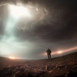 doom scenary. Heavy rain. Epic Lighting in the sky. Knight with magic scroll. Falling meteorite from the sky. Meteorite burning in the distance. Dark mud.