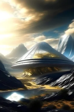 futuristic landscape cosmic and ufo metal silver gold mountain