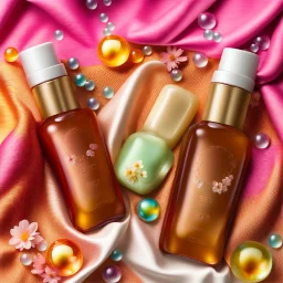 two cosmetics bottles are on a silk fabric, behind a beautiful floral spring floral background, the picture is top view, in the background there are beautiful soap bubbles, molecules and honeycombs, high-quality picture, top view