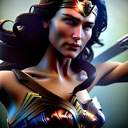 Wonder woman battles a insect, futuristic design, rain in background, close-up face, geometric armor, female face, 3d unreal engine, black face, close up armor, church detail, lovely face