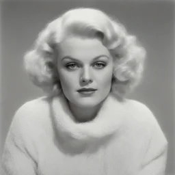 Jean harlow, in a woollen sweater, white bacground
