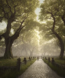 long promenade in a grand garden with ancient trees lining a cobblestone path, perfect composition, beautiful detailed intricate insanely detailed octane render trending on artstation, 8 k artistic photography, photorealistic concept art, soft natural volumetric cinematic perfect light, chiaroscuro, award - winning photograph, masterpiece, oil on canvas, raphael, caravaggio, Angkor