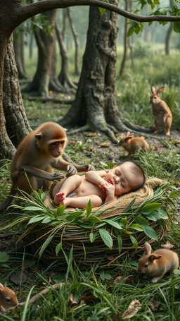 A baby sleeping and put on a bed made of grass and leaves while a two monkeys standing by him to take care of him , in the wood where there are trees and grasses and rabbits